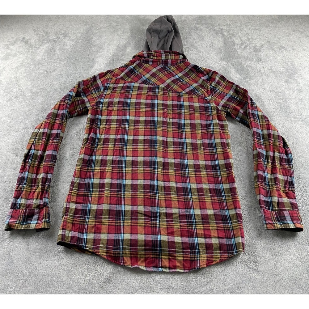 Shawn White Mens‎ XL Hooded Flannel Shirt Red Plaid Snap Button Long Slv Skater - Picture 10 of 10